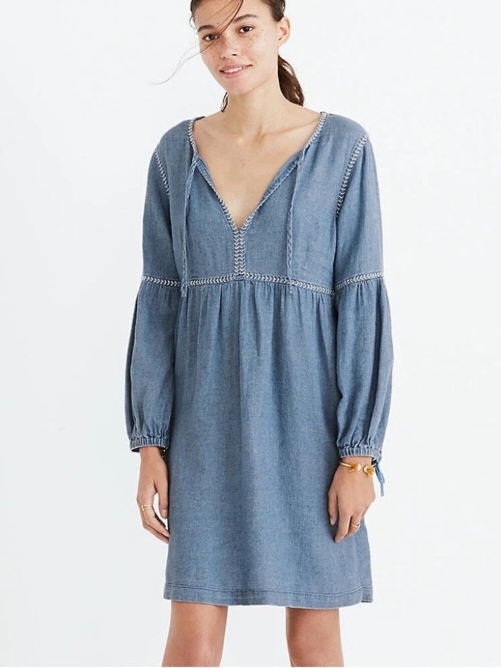 MADEWELL Indigo Peasant Dress Linen Cotton Blend Size XS